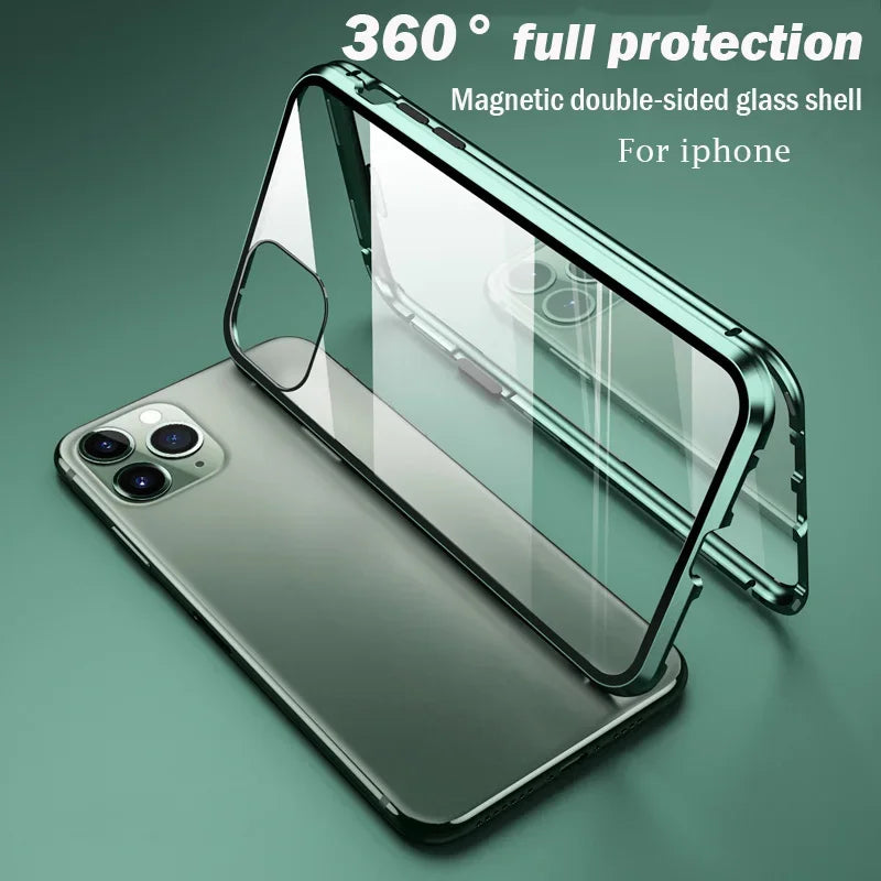 Hochwertige iPhone Hülle: Metallrahmen und doppelseitigem Glas | MagSafe-kompatible, Magnetische Adsorption, 360° Vollschutz Case | Stoßfest Glasobjektiv-Kameraschutz Panzer-Schutzhülle | Apple iPhone 17/17 Air, 16/16e, 15, 14, 13 Pro Max Plus Cover