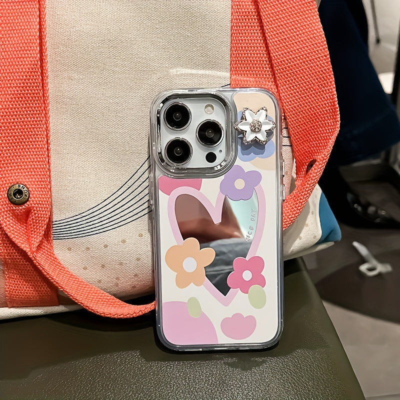 Premium Cute Love Heart Flower Mirror Design iPhone Case | MagSafe Case with 360-Degree Protection & Camera Lens Cover for iPhone 16/15/14/13/12 Pro Max, Plus, Mini Cover | Armor Case & Bumper Cover | High-Quality Phone Case