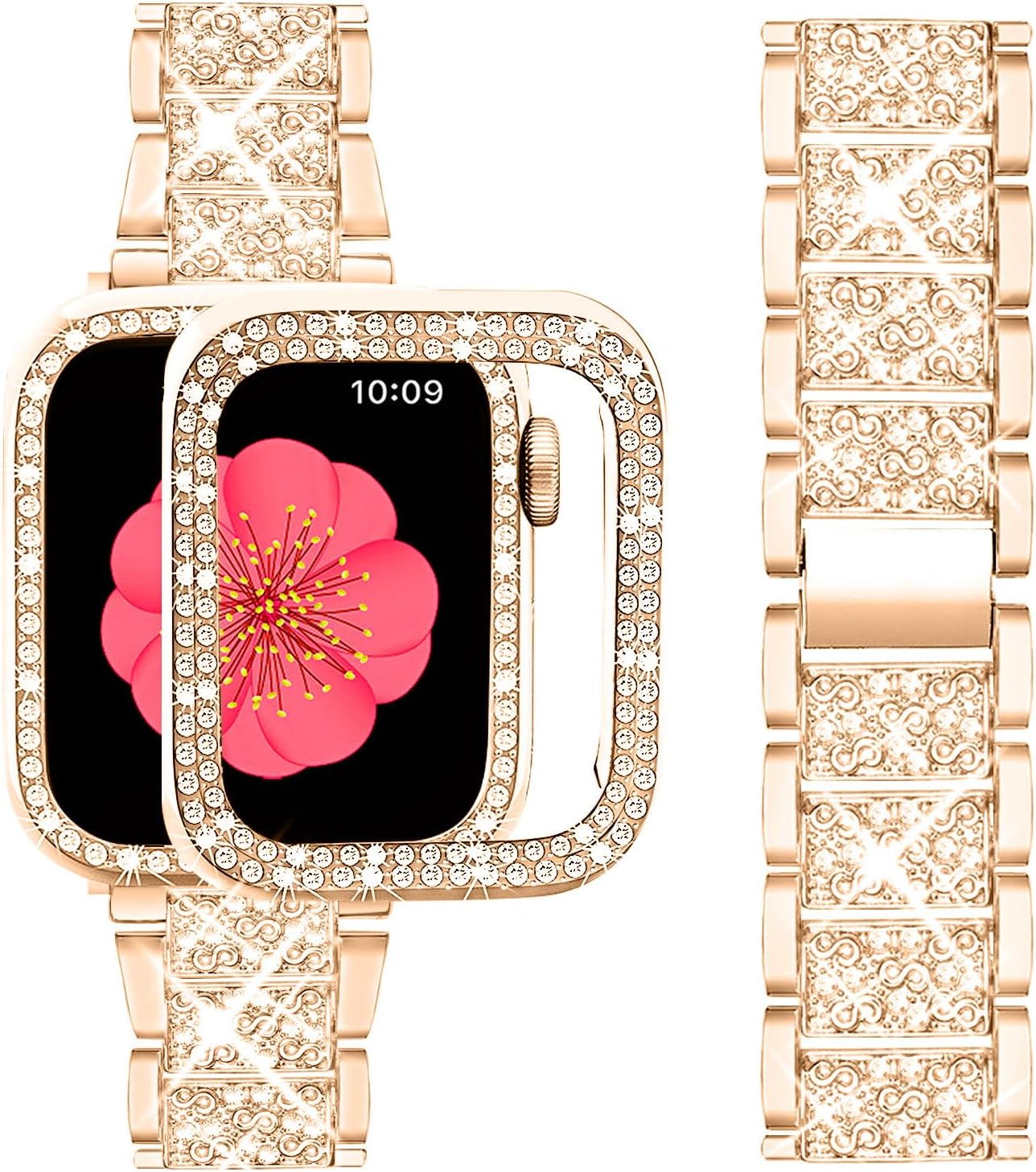 Luxury Premium glitter metal bracelet and diamond protective case for Apple Watch Series 10/9/8/7/6/5/4/3/2/1 & Ultra 2/1, SE: 2024, 2023, 2022, 2021, 2020, 2019, 2018, 2017, 2016 | Ultra 49mm, 45mm, 41mm, 40mm, 44mm, 42mm bracelet for iWatch.