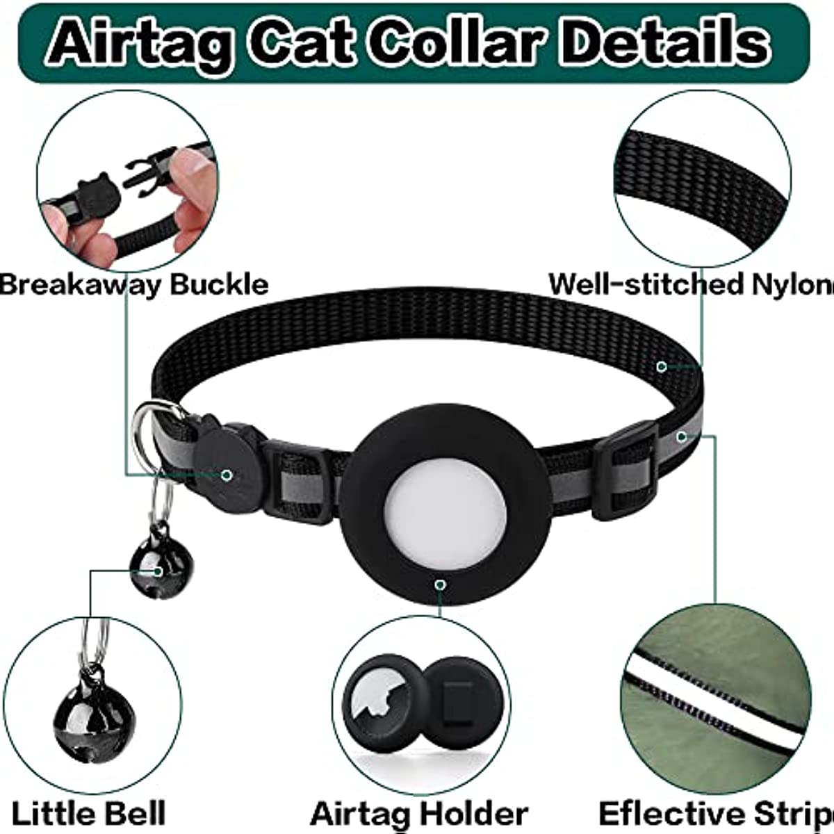 Premium Detachable AirTag Case & Collar for Cats: Reflective Cover with Apple AirTag Holder | Bell for Kitten Girls & Boys