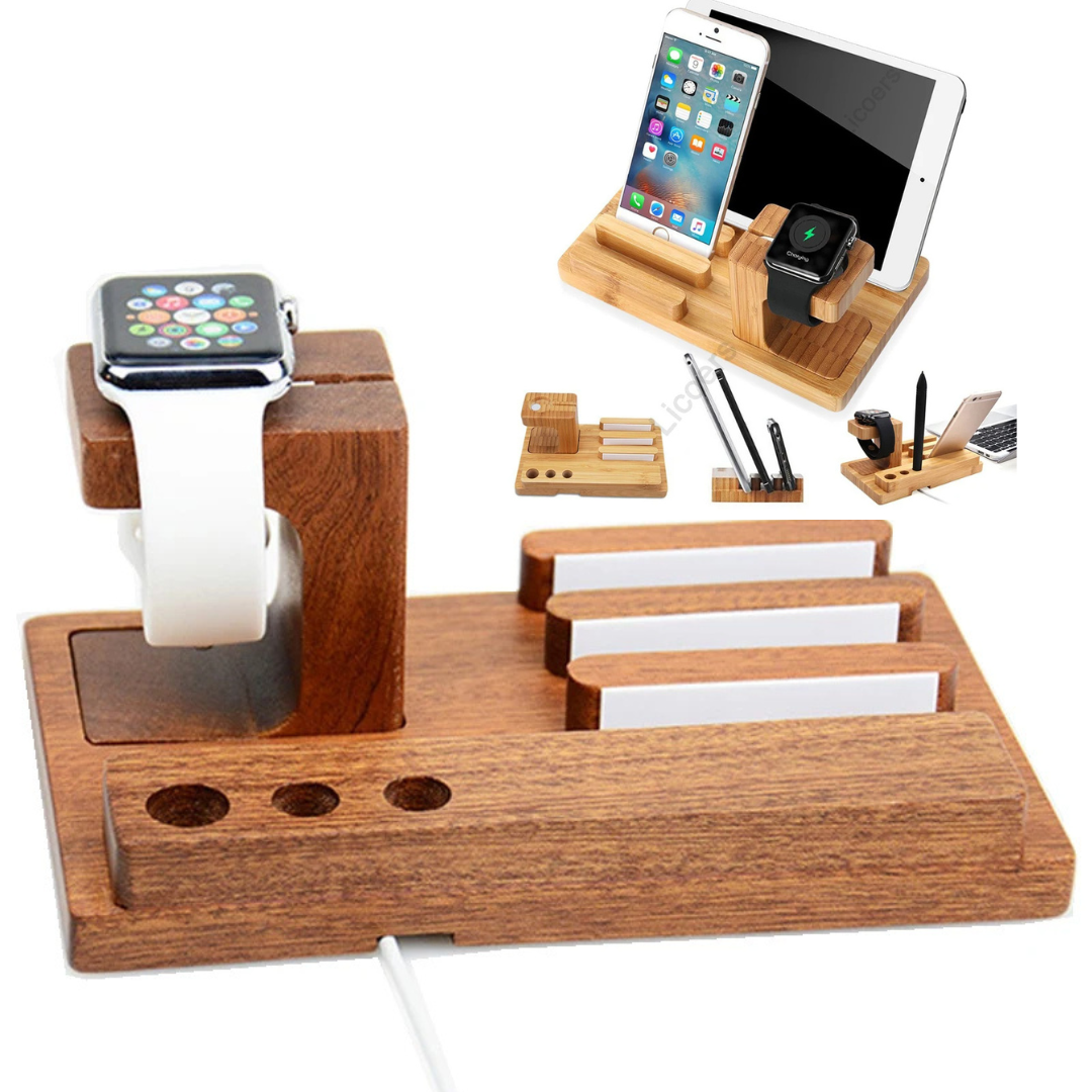 3-in-1 Bambus-Holz Ladestation für iPhone: Handy-Halter, Ladegerät-Ständer und Basis für die Apple Watch sowie Aufbewahrungsbox für das iPad