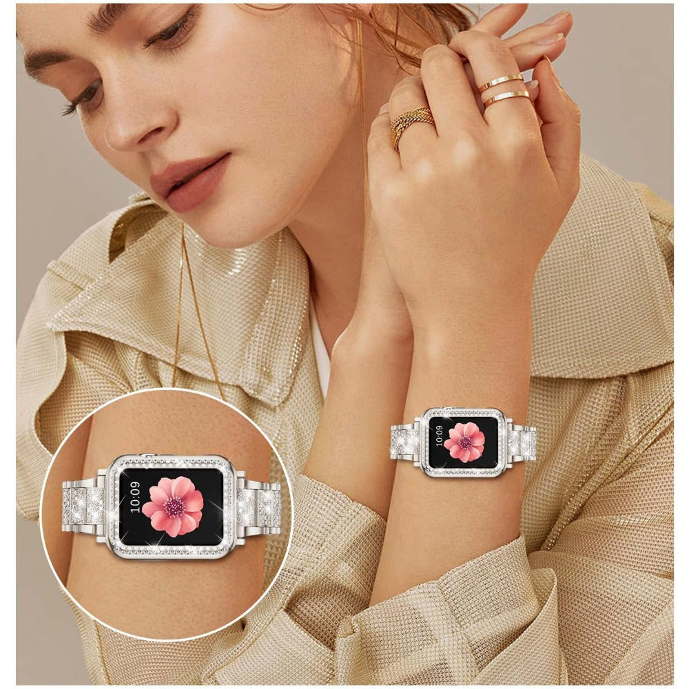 Luxury Premium glitter metal bracelet and diamond protective case for Apple Watch Series 10/9/8/7/6/5/4/3/2/1 & Ultra 2/1, SE: 2024, 2023, 2022, 2021, 2020, 2019, 2018, 2017, 2016 | Ultra 49mm, 45mm, 41mm, 40mm, 44mm, 42mm bracelet for iWatch.