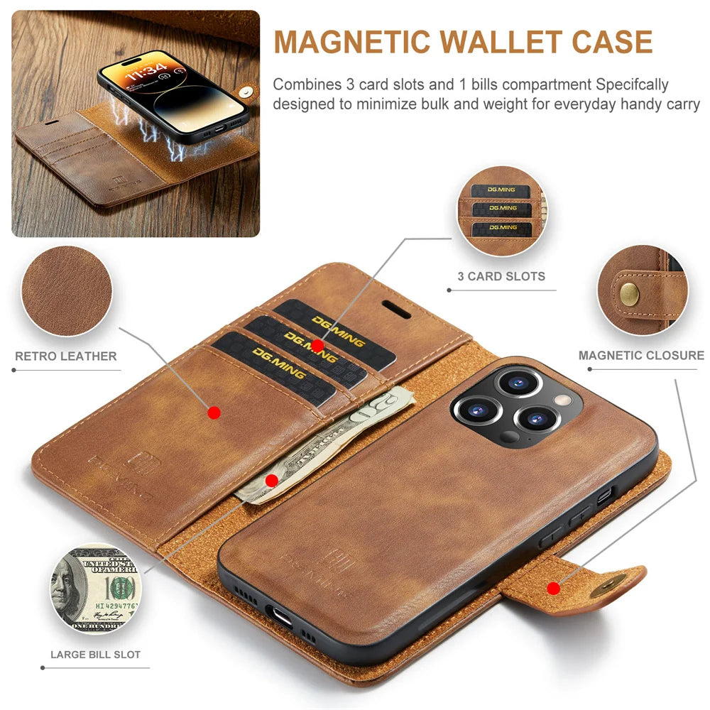 High-Quality Detachable Magnetic Leather iPhone Case | MagSafe Case with Wallet & Card Holder for Apple iPhone 16/15/14/13/12 Pro Max, Plus, Mini - 360-Degree Protection Cover with Camera Lens Protection | Armor Case & Wallet Protective Cover