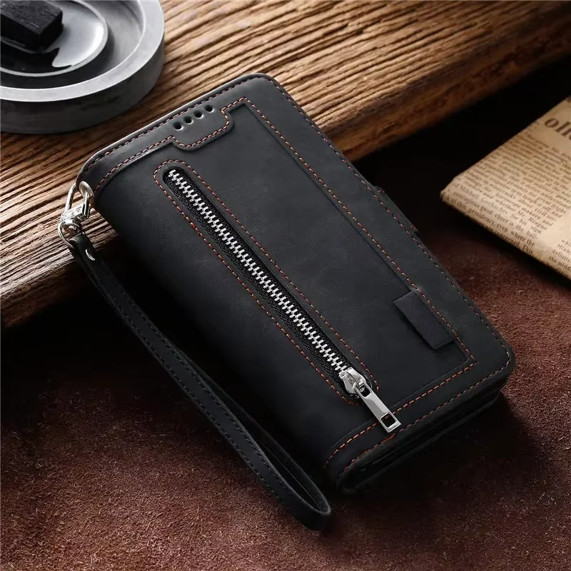 Hochwertige Leder-Handyhülle mit Reißverschluss, Kartenhalter, Stand und Riemen iPhone Hülle | Flip-Cover Case für Apple iPhone 17/17 Air, 16/16e, 15, 14, 13, 12 Pro Max, Pro, Plus & Mini - Vielseitige Schutzhülle