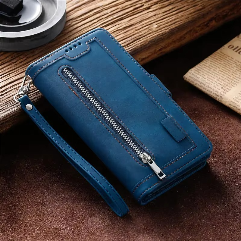 Hochwertige Leder-Handyhülle mit Reißverschluss, Kartenhalter, Stand und Riemen iPhone Hülle | Flip-Cover Case für Apple iPhone 17/17 Air, 16/16e, 15, 14, 13, 12 Pro Max, Pro, Plus & Mini - Vielseitige Schutzhülle