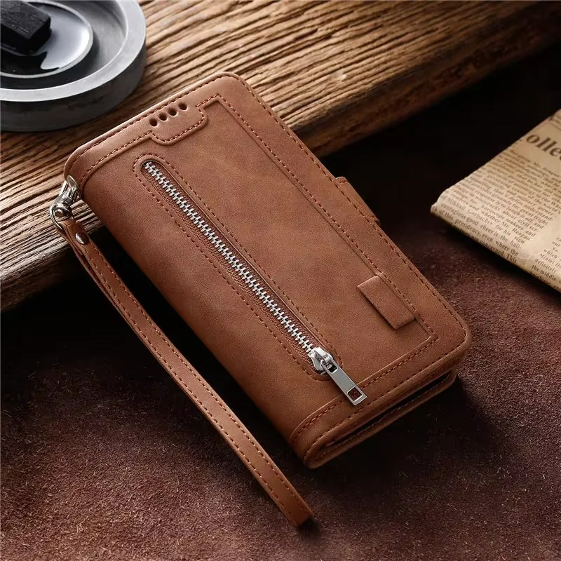 Hochwertige Leder-Handyhülle mit Reißverschluss, Kartenhalter, Stand und Riemen iPhone Hülle | Flip-Cover Case für Apple iPhone 17/17 Air, 16/16e, 15, 14, 13, 12 Pro Max, Pro, Plus & Mini - Vielseitige Schutzhülle