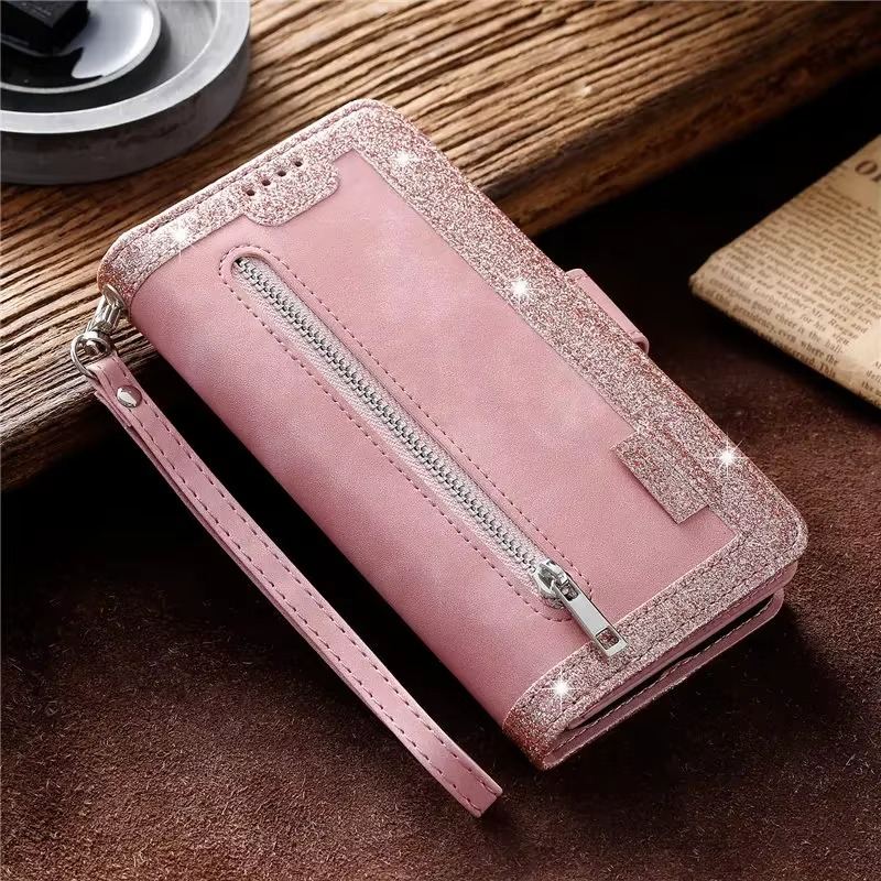 Hochwertige Leder-Handyhülle mit Reißverschluss, Kartenhalter, Stand und Riemen iPhone Hülle | Flip-Cover Case für Apple iPhone 17/17 Air, 16/16e, 15, 14, 13, 12 Pro Max, Pro, Plus & Mini - Vielseitige Schutzhülle
