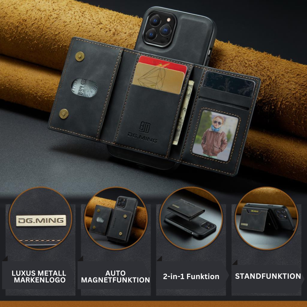 Premium 2-in-1 Magnetisches Geldbörse Leder Apple iPhone Hülle DG.MING | Stoßfest, Abnehmbares Portmonee, Kartenhalter Tasche & Aufsteller - Phone Heaven Zone