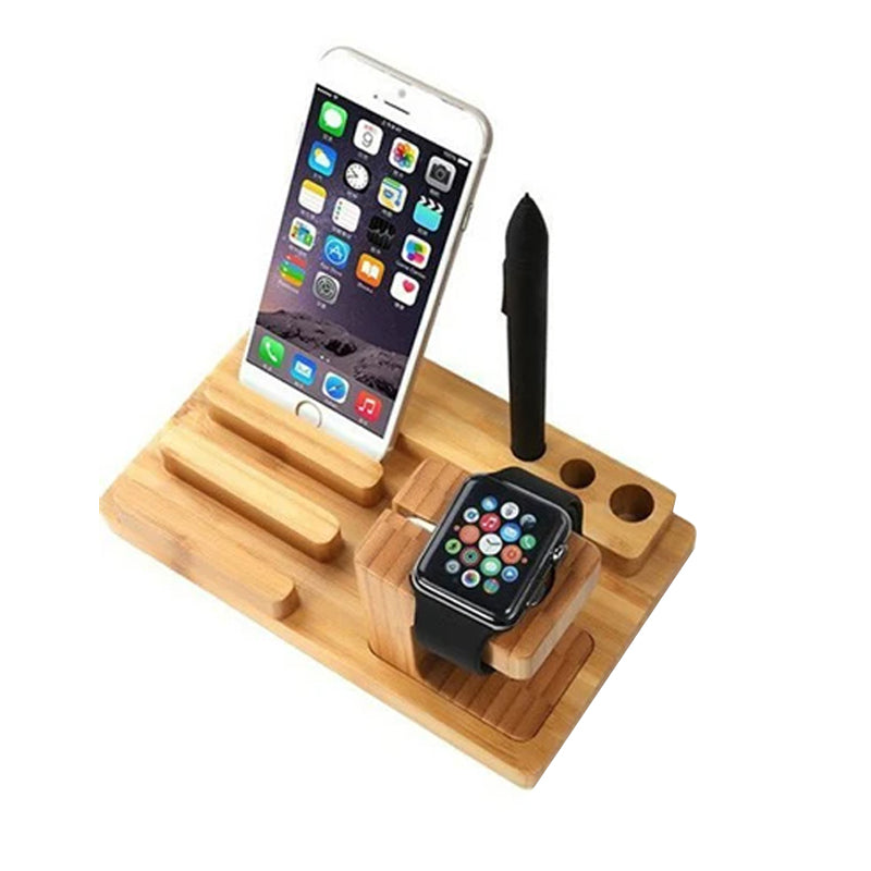 3-in-1 Bambus-Holz Ladestation für iPhone: Handy-Halter, Ladegerät-Ständer und Basis für die Apple Watch sowie Aufbewahrungsbox für das iPad