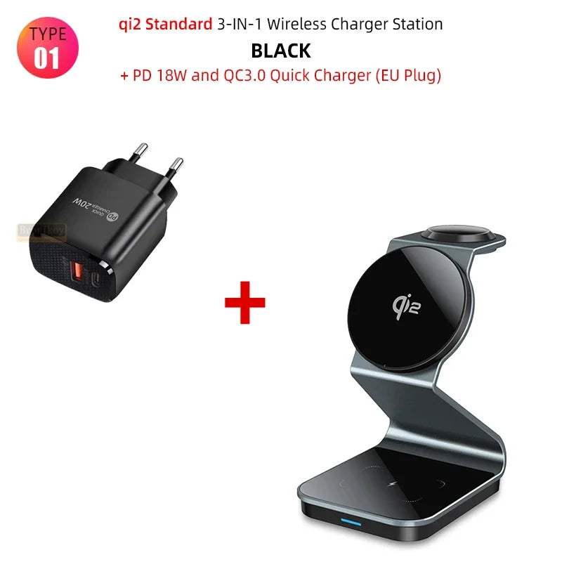 3 In 1 Foldable Magnetic Charging Station 15W Wireless Charger Aluminum Fast Charging Dock Wireless Charging Station for Smartphones, Apple iPhone, Samsung, iOS & Android